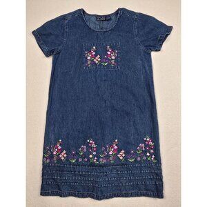 Vintage Jane Ashley Denim Short Dress Floral Embroidery Cottagecore Boho Small
